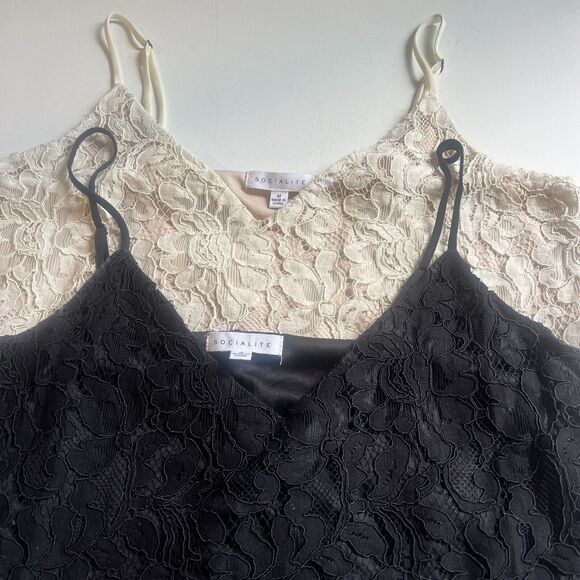 Socialite Set Of 2 Tank Top Camisole Black / Beige All-Lace V-Neck Size Medium - Picture 2 of 13